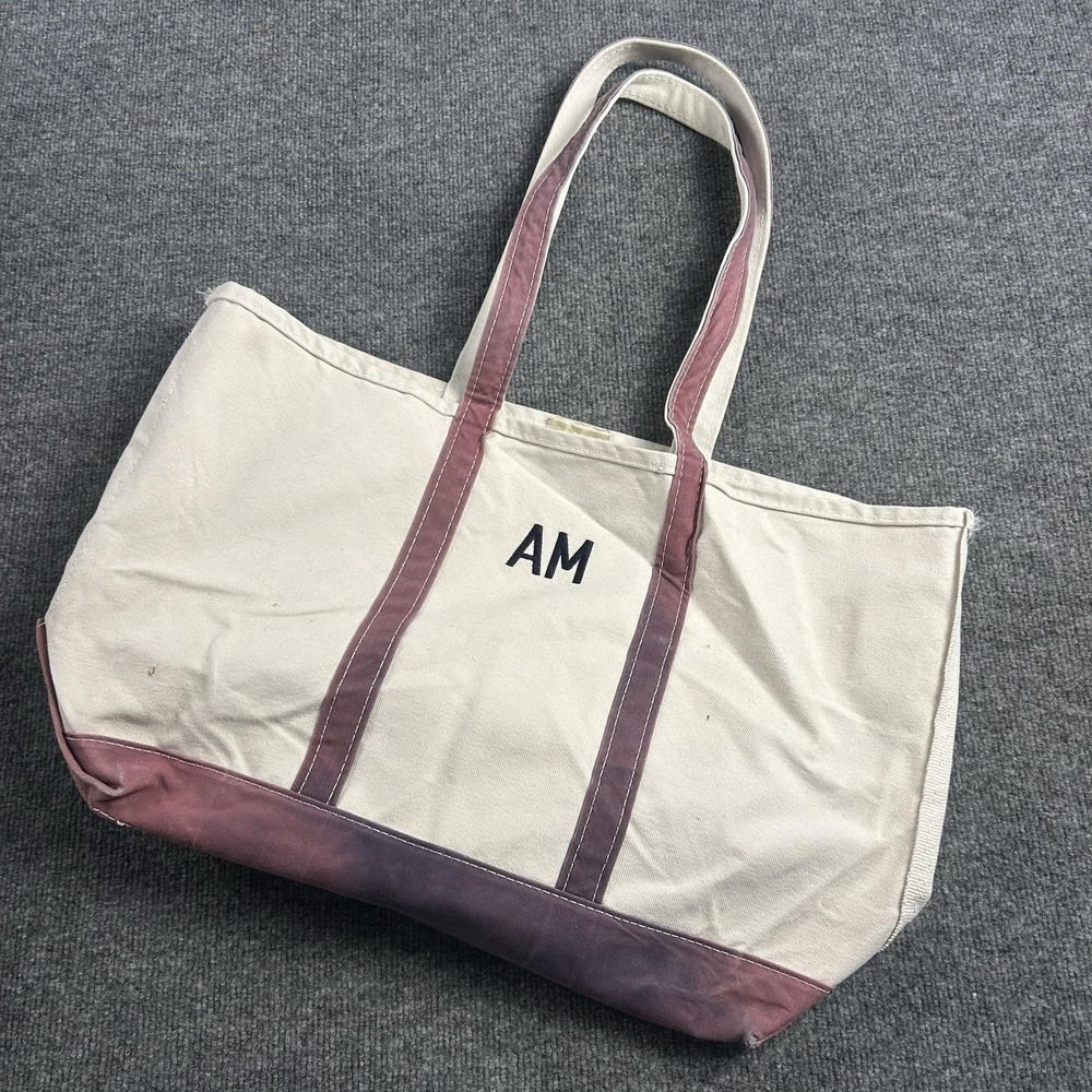 LL Bean Boat and Tote Bag Large Natural Pink Canvas Monogram AM Made USA